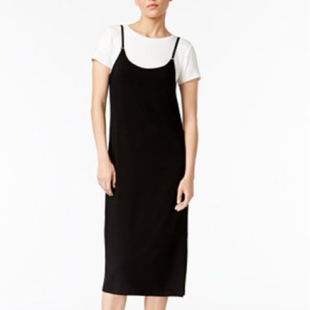 Calvin Klein Black Knit Slip Midi Dress Scoop Neck Stretch Rayon